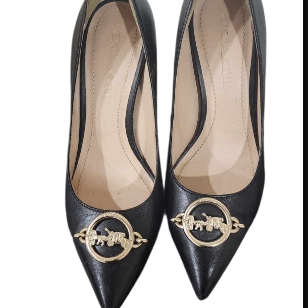 Coach Black Leather Heels with Gold Accent